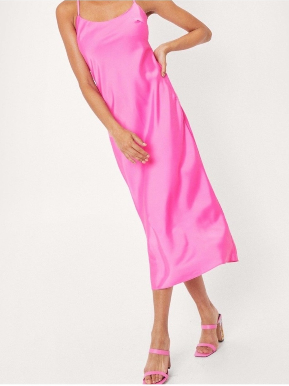 Nasty Gal Neon Pink Satin Slip Midi Dress